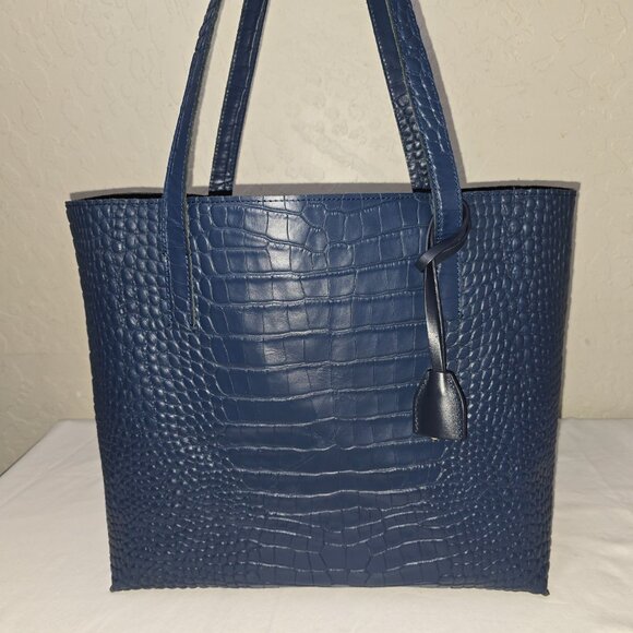 Mark and Graham Everyday Blue Italian Croc Embossed Leather Shoulder Tote Bag - Picture 9 of 13